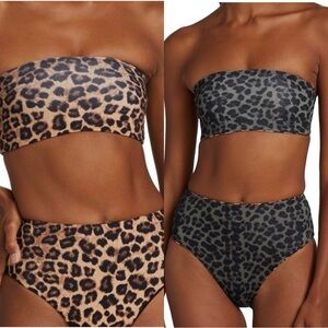 Good American Leopard Print Bandeau Bikini Set in Tan and Green